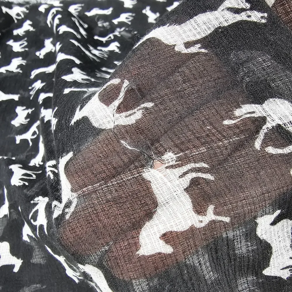 Lightweight Equestrian Scarf Black White Horse Design Raw Edge Cejon 76